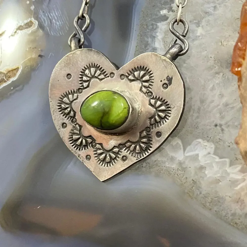 Marie Tsosie Sterling Silver Oval Sonora Gold Turquoise Stamped Heart Necklace - Picture 5 of 10